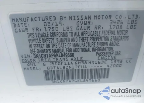 2019 Nissan Versa 1.6 Sv из США, поврежденный, VIN 3N1CN7AP6KL849660